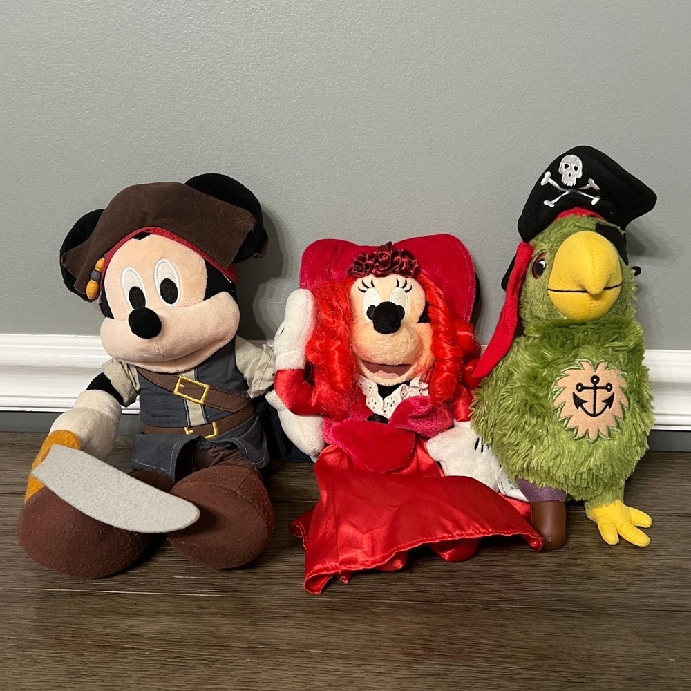 Disney Parks Pirates of the Caribbean Plush Set Mickey Minnie Pirate Parrot 12"